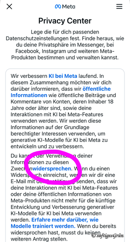 Smartphone-Screenshot mit der Markierung für den Link um über die Instagram-App dem KI-Training zu widersprechen.
