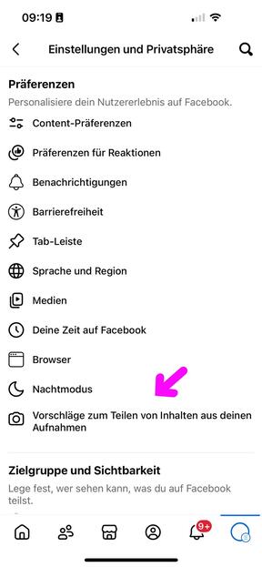 Unter "Einstellungen & Privatsphäre" bei Foto-Icon "Vorschläge zum Teilen…" anklicken.