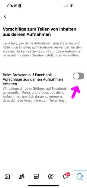 "Beim Browsen auf Facebook Vorschläge… erhalten" – der Schieberegeler muss inaktiv sein (grau).