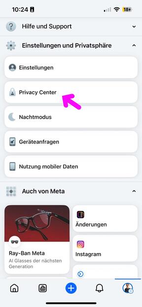 In den Facebook-Einstellungen: Privacy-Center aufrufen.
