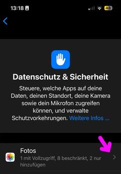 Auf dem iPhone unter Einstellungen > Datenschutz & Sicherheit, die Foto-App einschränken.