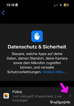 Auf dem iPhone unter Einstellungen > Datenschutz & Sicherheit, die Foto-App einschränken.