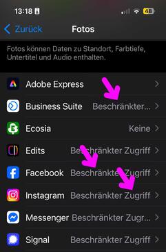 Auf dem iPhone in den Einstellungen von Fotos für Social Media-Apps einschränken.