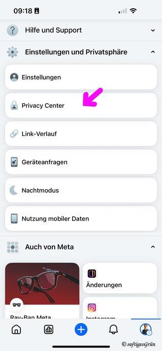 Screenshot: In den Facebook-Einstellungen das Privacy-Center aufrufen. Screenshot: In den Facebook-Einstellungen das Privacy-Center aufrufen.