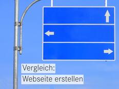 Blaues Autobahnschild mit Richtungsanzeige – welche Option für die Webseiten-Umsetzung: KI, Agentur oder freie Designerin.