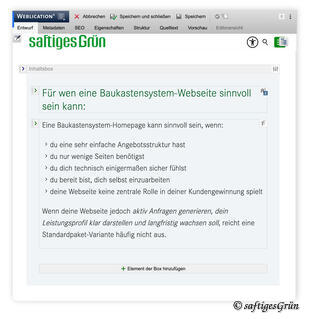 Bearbeitung einer Webseite im Redaktionssystem Weblication: einfache Pflege nach der Umsetzung.