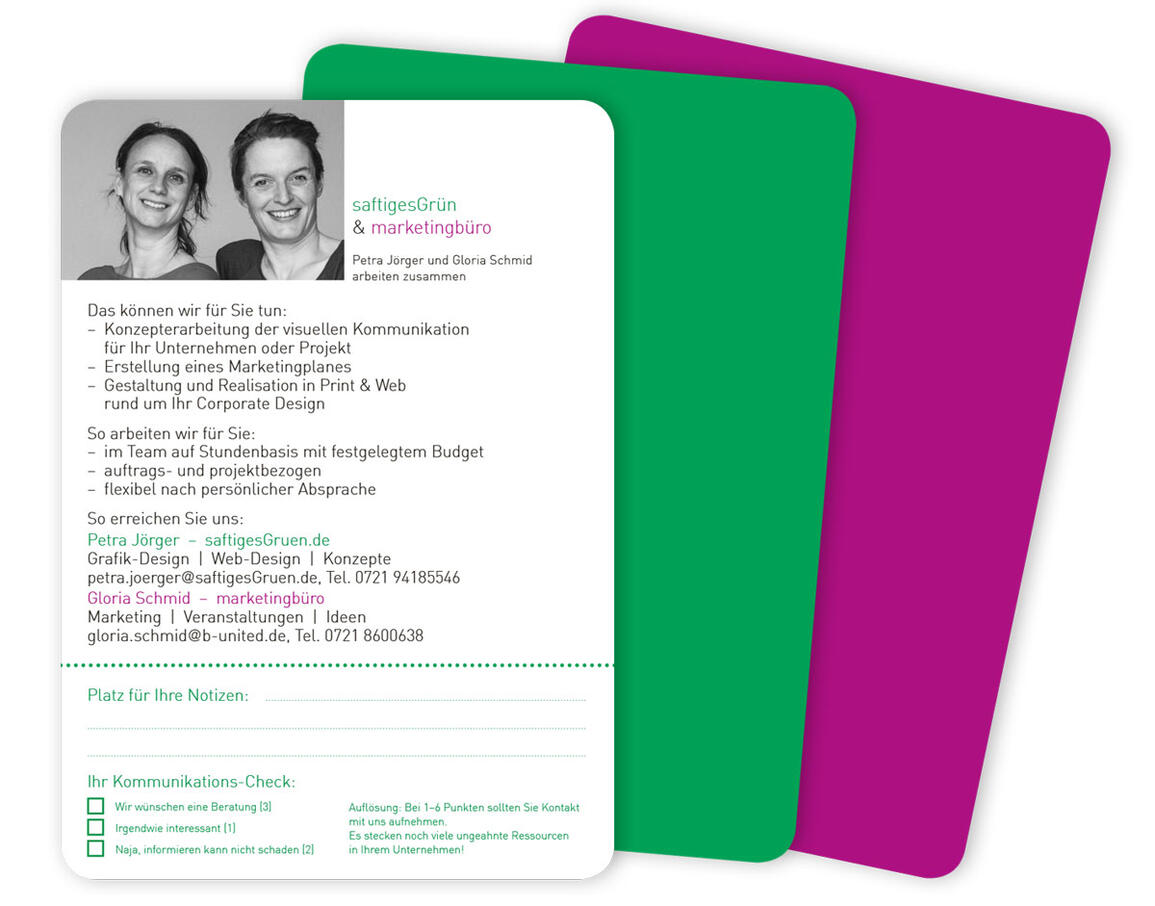 Das sind neuen Kurzprofilkarten von saftigesGrün und marketingbüro.
